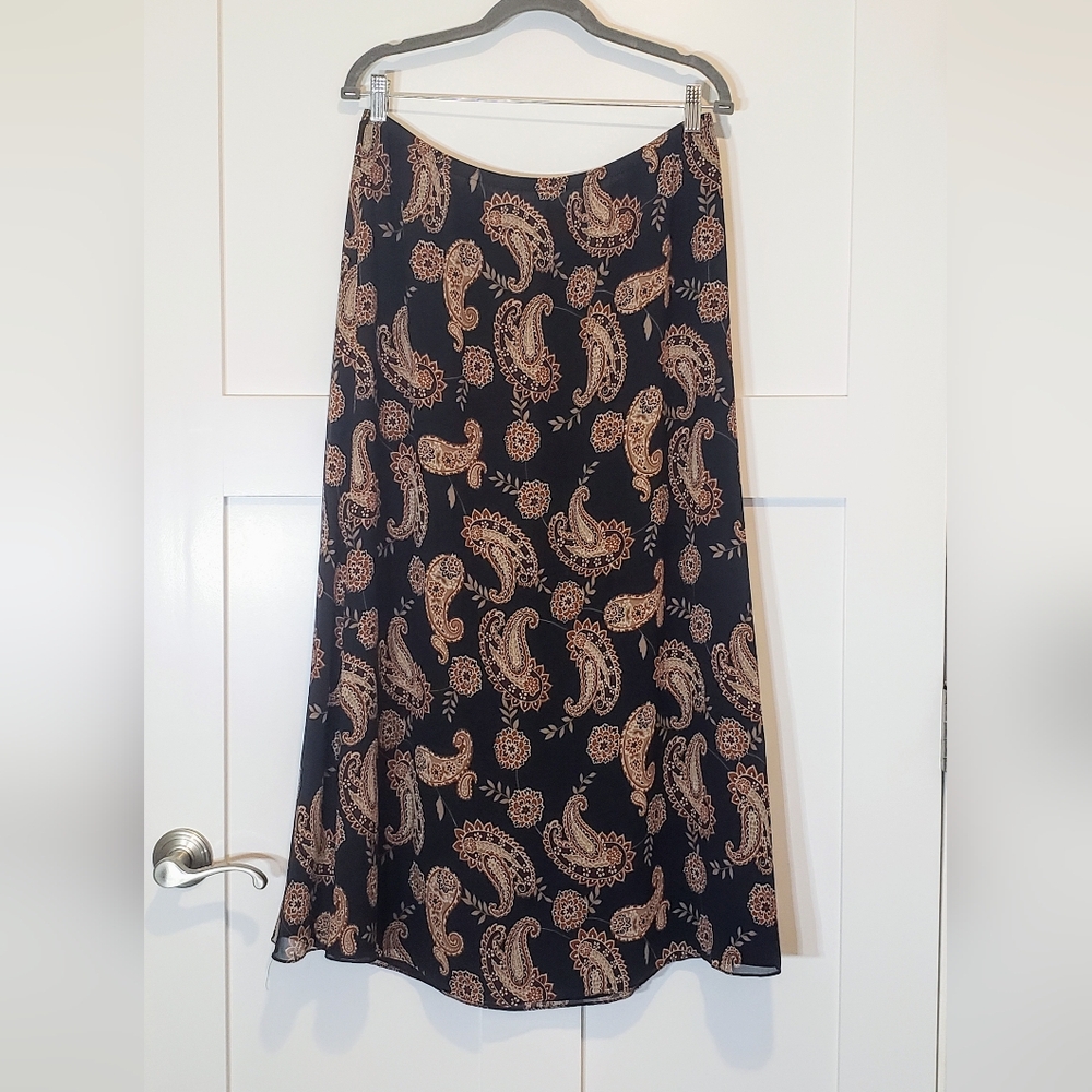 Laura Ashley Silk Maxi Skirt Lined Paisley Floral Elastic Waist Sz XL Black Tan